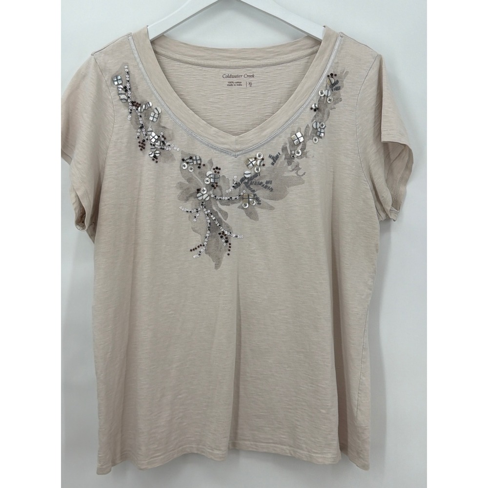 Coldwater Creek Womens XL Beige Embellished Floral V-Neck Short Sleeve T-Shirt